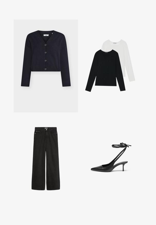 Mörkblå kort tröja i mjukt stickat tyg, med V-ringning, långa ärmar och sex knappar framtill.; Två långärmade toppar, en svart och en vit, båda med fyrkantig halsringning och tillverkade av mjukt, stretchigt tyg.; Vidbenade svarta denimjeans med hög midja. Har fem fickor, metallbeslag och en ren finish. Texturen är slät och mjuk.; Svart lädersandalett med spetsig tå, öppen baksida och ankelremmar som är knutna i en rosett. Smal 3-tums klack. Slät textur, minimalistisk design.