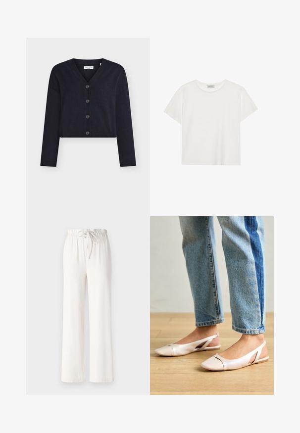 Cardigan albastru-navy scurt, realizat dintr-un material tricotat moale, cu decolteu în V, mâneci lungi și închidere cu șase nasturi pe partea din față.; Tricou alb cu mânecă scurtă, made din bumbac moale. Are un guler rotund și o croială lejeră. Design curat, fără modele sau accente vizibile.; Pantaloni albi cu picioare largi, confecționați dintr-un material moale, având un brâu cu șnur și o textură netedă. Fără modele sau embellishments vizibile.; Sandalete plate de un roz pal cu vârf ascuțit, realizate dintr-un material asemănător pielii, neted. Prezintă detalii decupate pe laterale și un toc plat.