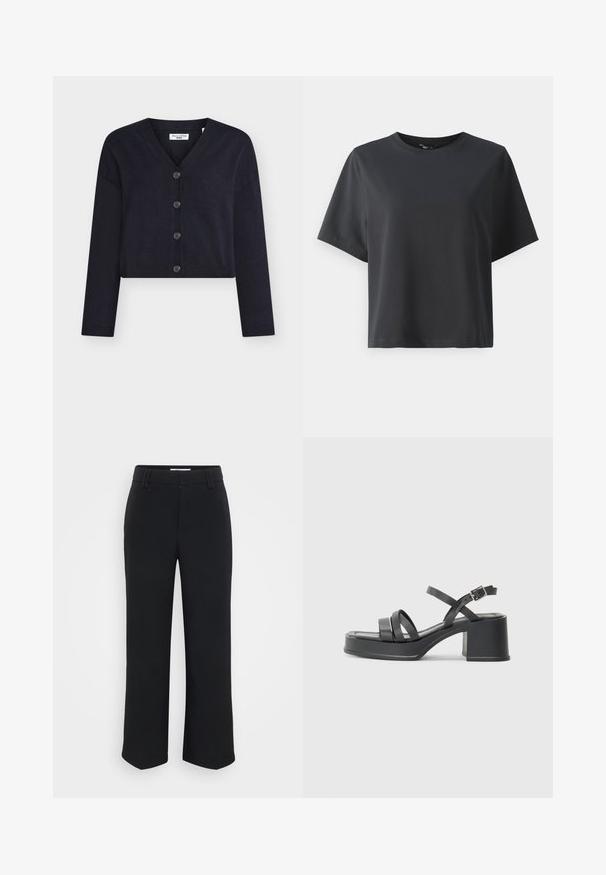 Navy blue cropped cardigan made of soft knit fabric, featuring a V-neck, long sleeves, and six button closures down the front.; Black cotton t-shirt, short sleeves, crew neck, relaxed fit, smooth texture, simple design, no patterns or accents.; Black wide-leg trousers with a smooth texture, featuring a flat waistband and side pockets, designed with a minimalist aesthetic.; Black heeled sandals with multiple narrow straps and a round toe. The heel is block-shaped with a smooth texture. Adjustable buckle closure.