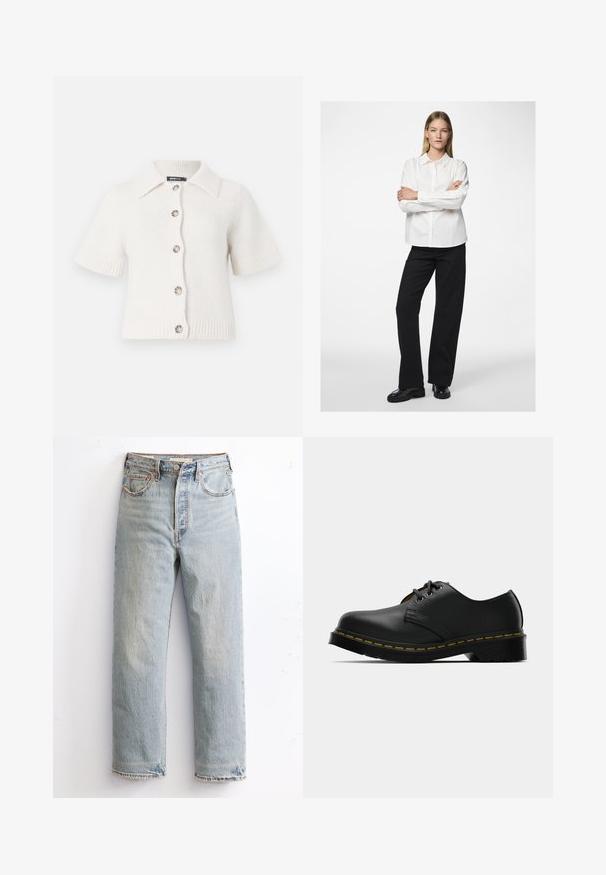 Kortermet hvit strikket cardigan med krage, som har fem store knapper og ribbede kanter og mansjetter for tekstur og struktur.; Hvit skjorte med krage og lange ermer, kombinert med svarte vide bukser og blanke svarte sko. Glatt stoff, avslappet passform.; Lyseblå denimjeans med rett ben-design, med slitt kant, kobbernitter og klassisk fem-lomme stil.; Svarte lær sko med rund tå, snøring, gule sømmer langs sålen og en kraftig sort gummisåle for godt grep.