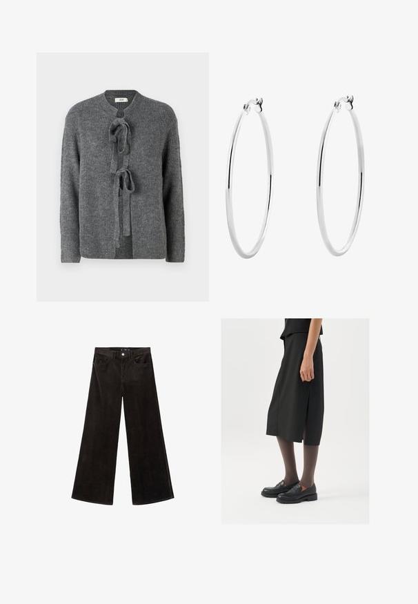 JDY JDYDREA O NECK TIE - Kofta - dark grey melange; Långärmad, rundhalsad topp i mörkbrun, tillverkad av slät bomullsjersey med en figursydd silhuett och minimalistisk design.; Svart corduroy vidbyxor med hög midja, framfickor och en texturerad tyg, med knäppning och bälteshällor.; Svart knälång kjol med sidoklyv, kombinerad med svarta loafers och genomskinliga bruna strumpbyxor, med en slät textil och enkel design.; Silverörhängen med en slät, polerad yta och en tunn, cirkulär form. Designen har en säker låsning.