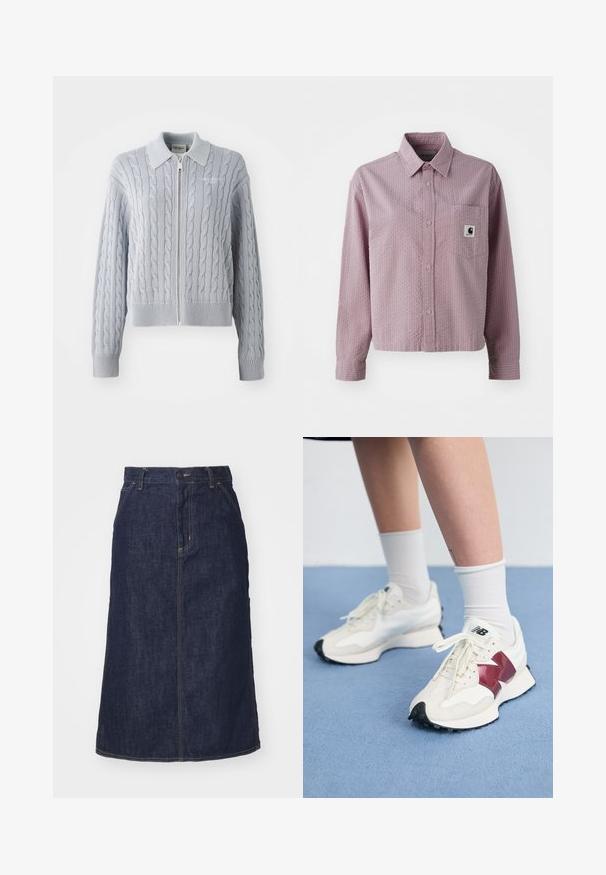 Niebieski kardigan z dzianiny w splot warkoczowy, z zapięciem na zamek błyskawiczny, kołnierzem oraz ściągaczami na rękawach i dole. Posiada teksturowany wzór o gładkim wykończeniu.; Jasnoróżowa koszula z długim rękawem, zapinana na guziki, z teksturowanym wzorem, kieszonką na piersi oraz małą metką z logo na kieszeni.; Ciemnoniebieska spódnica dżinsowa z wysokim stanem, prostym krojem, przednimi kieszeniami i przeszyciami. Posiada zamek błyskawiczny i guzik w pasie.; Para białych sneakersów z bordowymi akcentami, teksturowanymi panelami, płaską czarną podeszwą i jasnymi sznurowadłami, noszonych z białymi skarpetkami do kostek.