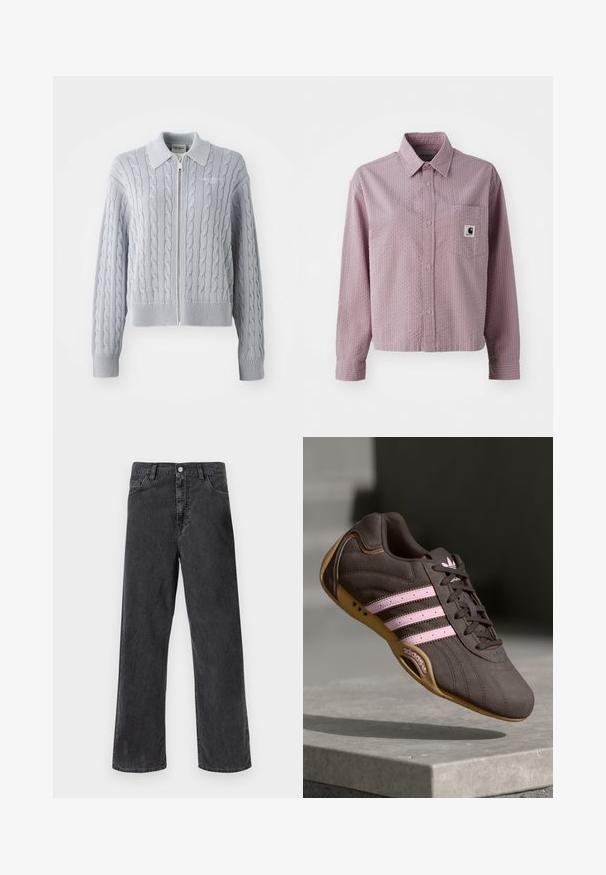 Modrý kardigán s pleteným vzorom, so zipsom, golierom, rebrovanými manžetami a lemom. Má textúrovaný vzor s hladkým povrchom.; Svetloružová košeľa na gombíky s textúrovaným vzorom, dlhými rukávmi, náprsné vrecko a malý logotypový štítok na vrecku.; Čierne džíny z denimu so strihom rovného nohavice, vybavené kovovým gombíkom na zapínanie, piatimi vreckami a viditeľným šitím. Hladká textúra a tlmená farba.; Hnedé semišové športové topánky s ružovými pruhmi a logom, s textúrovaným vrchom, šnurovaním a gumovou podrážkou.