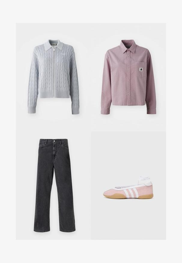 Cardigan albastru cu tricotaj împletit, cu fermoar, guler, manșete și tiv cu nervuri. Prezintă un model texturat cu o finisare netedă.; Cămașă roz deschis, cu nasturi, cu un model texturat, mâneci lungi, o buzunar pe piept și un etichetă mică cu logo pe buzunar.; Blugi negri din denim cu croială dreaptă, prevăzuți cu închidere cu nasture metalic, cinci buzunare și cusături vizibile. Textură netedă și culoare sobră.; adidas Originals TAEKWONDO MEI BALLET - Sneakers low - clear pink/ftwr white/gum