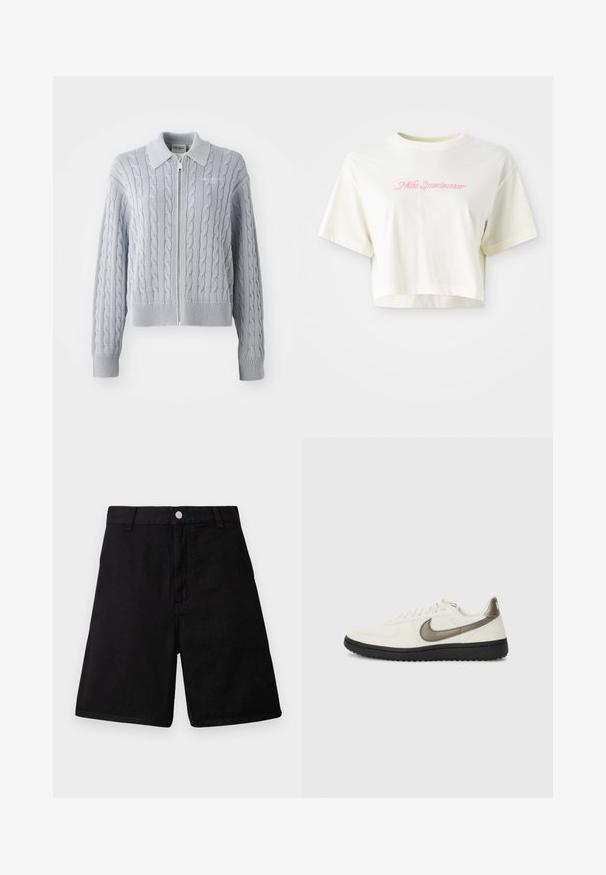 Modrý kardigán s pleteným vzorom, so zipsom, golierom, rebrovanými manžetami a lemom. Má textúrovaný vzor s hladkým povrchom.; Krátky, smotanový tričko vyrobené z bavlny. Obsahuje ružový vyšívaný logotyp s nápisom "Nike Sportwear." Krátke rukávy a okrúhly výstrih.; Čierne šortky vyrobené z odolného materiálu, s rovno strihaným dizajnom, prednými vreckami, zipsom a kovovým zapínaním na gombík.; Nike Sportswear FIELD GENERAL - Tenisky - off-white/black