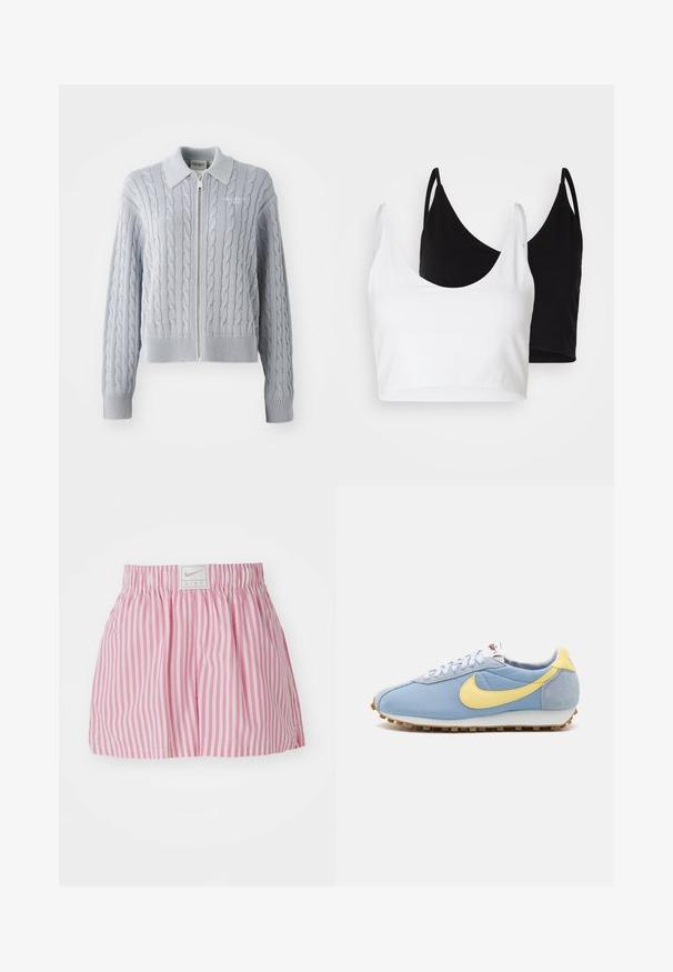 Cardigã azul em ponto de cable com fecho em zíper, colarinho, punhos e bainha canelados. Apresenta um padrão texturizado com um acabamento suave.; Dois tops de algodão em branco e preto. Cada um tem um decote profundo e alças finas, apresentando uma textura suave e macia.; Calções listrados em rosa e branco com uma cintura elástica. Apresenta uma etiqueta de logotipo na parte da frente, confeccionados em material leve.; Sapatilha de malha azul e camurça com o swoosh amarelo da Nike, atacadores brancos e sola castanha clara; design atlético clássico.