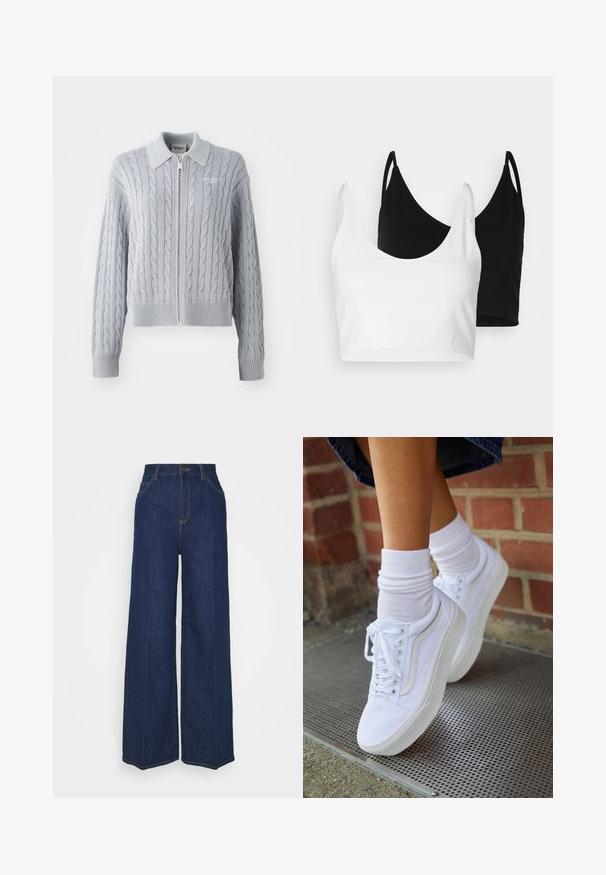 Kardigan od plave ženske vune s patentnim zatvaračem, ovratnikom, rebrastim rukavima i rubom. Ima teksturirani uzorak s glatkom završnom obradom.; Dva pamukasta crop topa u bijeloj i crnoj boji. Svaki ima dubok izrez i tanke naramenice, s glatkom, mekanom teksturom.; Tamno plave traperice s visokim strukom i širokim nogavicama, s prednjim i stražnjim džepovima, zatvaračem na gumb i vidljivim detaljima šivanja.; Bijele platnene tenisice s gumenom podlogom, sadrže šest rupica za vezivanje, okrugli vrh i svjetlosne detalje šivanja, kombinirane s bijelim čarapama do gležnja.