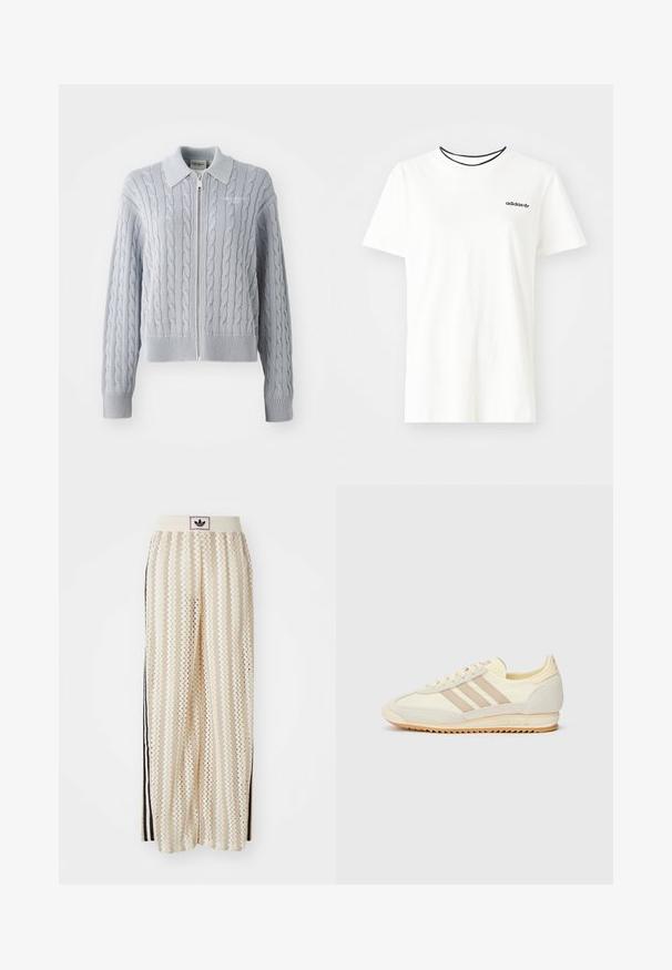 Cardigan albastru cu tricotaj împletit, cu fermoar, guler, manșete și tiv cu nervuri. Prezintă un model texturat cu o finisare netedă.; Tricou alb din bumbac cu mâneci scurte și guler rotund. Prezentă un logo Adidas negru pe piept și un guler interior contrastant de culoare neagră.; Pantaloni largi de culoare crem, cu un model în zigzag, având un brâu cu logo negru și dungi laterale negre. Material ușor, texturat.; Adidași atletici crem cu trei dungi bej, realizati din materiale din suede și textil, cu o talpă texturată și un logo embosat pe toc.