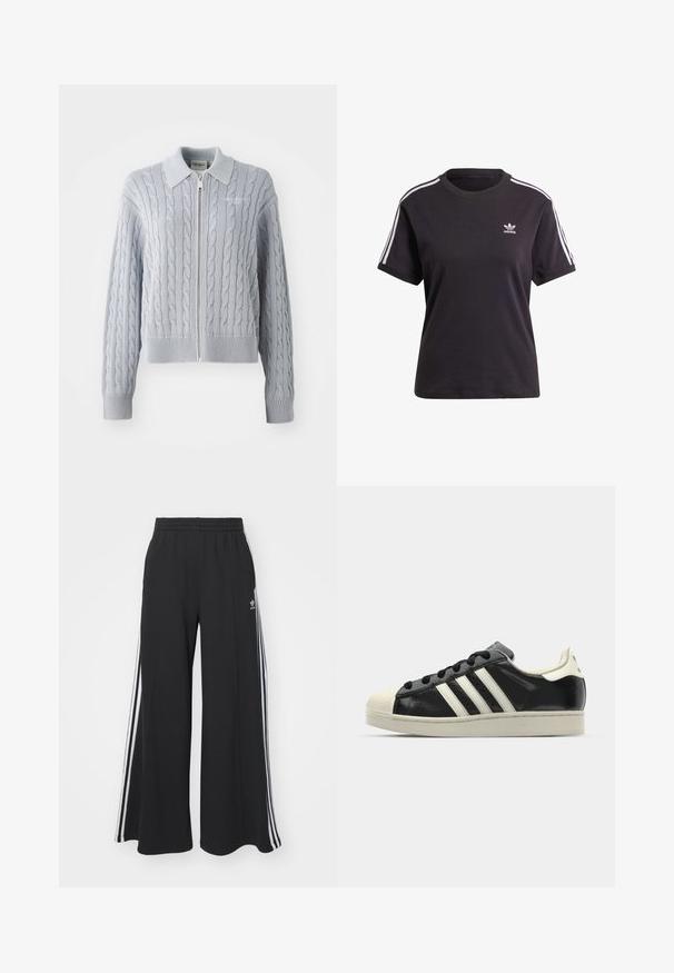 Cardigã azul em ponto de cable com fecho em zíper, colarinho, punhos e bainha canelados. Apresenta um padrão texturizado com um acabamento suave.; T-shirt preto de algodão de mangas curtas com gola redonda, apresentando riscas brancas nos ombros e um pequeno logotipo branco da Adidas no peito.; Calças de suor largas e pretas com uma cintura elástica, apresentando riscas brancas nas laterais e um logótipo bordado na coxa esquerda.; Sapatilha de couro preto com riscas brancas, biqueira de borracha, atacadores pretos e sola na cor creme. Textura suave com acabamento brilhante.