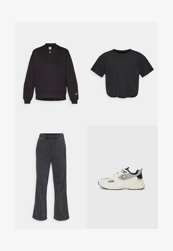 Čierna mikina na zips s rebrovým golierom, elastickými manžetami a elastickým pásom. Na hrudi a na ľavom rukáve je malá loga. Mäkčený, fleece materiál.; Čierne skrátené tričko vyrobené z jemného materiálu, s okrúhlym výstrihom, krátkymi rukávmi a voľným strihom. Jemné detaily šitia.; Zúžené tepláky v tmavosivej farbe s jemnou textúrou. Obsahujú elastický pás a vyšívané logo na boku.; Champion COUNTESS EVOLVE - Tréningová obuv - white/black