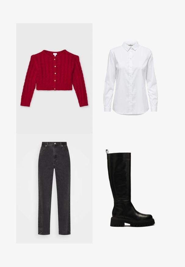 Roter gestrickter Cardigan mit einem verkürzten Design, langen Ärmeln, einem runden Halsauschnitt und goldfarbenen Knöpfen in der Mitte. Strukturiertes Kabelmuster.; Weißes Hemd mit langen Ärmeln, strukturiertem Kragen und abgerundetem Saum. Hergestellt aus einem glatten, einfarbigen Stoff ohne sichtbare Muster oder Akzente.; Schwarze Denim-Jeans mit geradem Bein, hoher Taille, vorderem Knopf und Reißverschluss sowie fünf Taschen auf weißem Hintergrund.; Schwarze kniehohe Lederstiefel mit sleekem Design, runder Zehenform und robuster Gummisohle mit tiefen Rillen sowie einer Anhieblasche an der Oberseite.