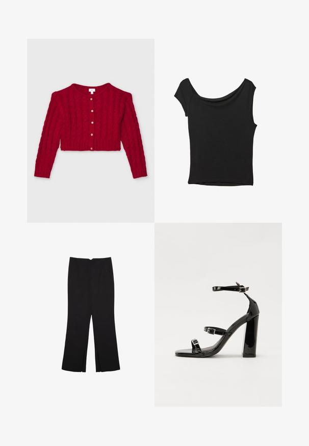 Červený pletený cardigan s krátkým střihem, dlouhými rukávy, kulatým výstřihem a zlatými knoflíky vpředu. Texturovaný vzor z copánků.; Černý krátký rukáv top vyrobený z hladké látky; má drapovaný výstřih a asymetrický lem, s přiléhavým střihem.; Černé kalhoty s rovným střihem, s předními kapsami a bočními rozparky na lemu. Vyrobené z jemné, hladké tkaniny. Vhodné na různé příležitosti.; Černé lakované sandály na podpatku se čtveratou špičkou, lýtkovými pásky a stříbrnými přezkami. Disponují masivním blokovým podpatkem pro stabilitu.