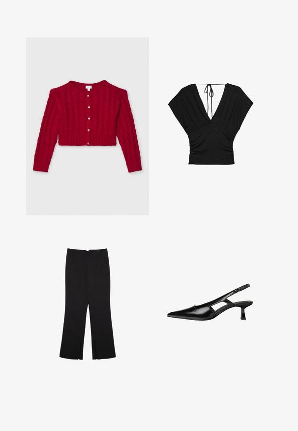 Červený pletený cardigan s krátkým střihem, dlouhými rukávy, kulatým výstřihem a zlatými knoflíky vpředu. Texturovaný vzor z copánků.; Černý top s hlubokým výstřihem do V, krátkými širokými rukávy a shromážděnou texturou v pase s uzavřením na zavazování vzadu. Měkká tkanina.; Černé kalhoty s rovným střihem, s předními kapsami a bočními rozparky na lemu. Vyrobené z jemné, hladké tkaniny. Vhodné na různé příležitosti.; Černé lakované lodičky na podpatku se špičatou špičkou, výřezovým designem na boku a malým čtvercovým podpatkem. Hladká textura s minimálními akcenty.