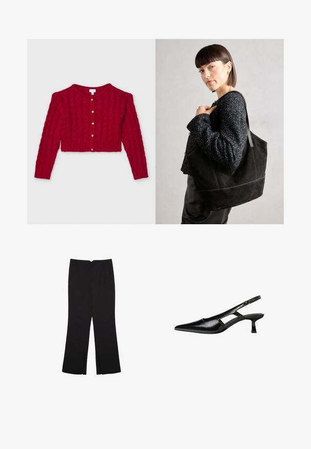 Cardigan rosso lavorato a maglia con design corto, caratterizzato da maniche lunghe, scollatura rotonda e bottoni dorati davanti. Motivo con trama a treccia.; T-shirt nera in cotone a maniche corte con collo a giro, esposta su uno sfondo bianco.; Pantaloni neri a gamba dritta, con tasche frontali e spacchi laterali all'orlo. Realizzati in tessuto morbido e liscio. Adatti a diverse occasioni.; Tacchi slingback in pelle verniciata nera con punta affusolata, design con tagli laterali e tacco quadrato piccolo. Texture liscia con dettagli minimi.; Borsa tote nera in suede con una texture liscia, forma strutturata e cuciture a contrasto. Presenta lunghe tracolle per il trasporto a spalla.