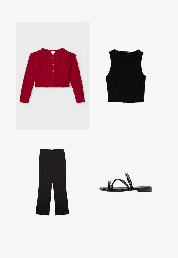 Punainen neulecardigan, jossa on lyhyt malli, pitkät hihat, pyöreä pääntie ja kultasävytetyt napit edessä. Teksturoidut köysikuvio.; Musta hihaton crop-top, joka on valmistettu sileästä kankaasta, jossa on pyöreä kaula-aukko ja siisti, yksinkertainen muotoilu ilman kuvioita tai varusteita.; Mustat housut suoralinjaisella leikkauksella, joissa on etutaskut ja sivurei'ät helman alla. Valmistettu pehmeästä ja sileästä kankaasta. Sopii eri tilaisuuksiin.; Mustat litteät sandaalit, joissa on kiiltävä pinta, kolme ohutta hihnaa ja pyöreä metalliosuus varpaissa. Tyylikäs muotoilu, jossa on minimaalinen kantapää.