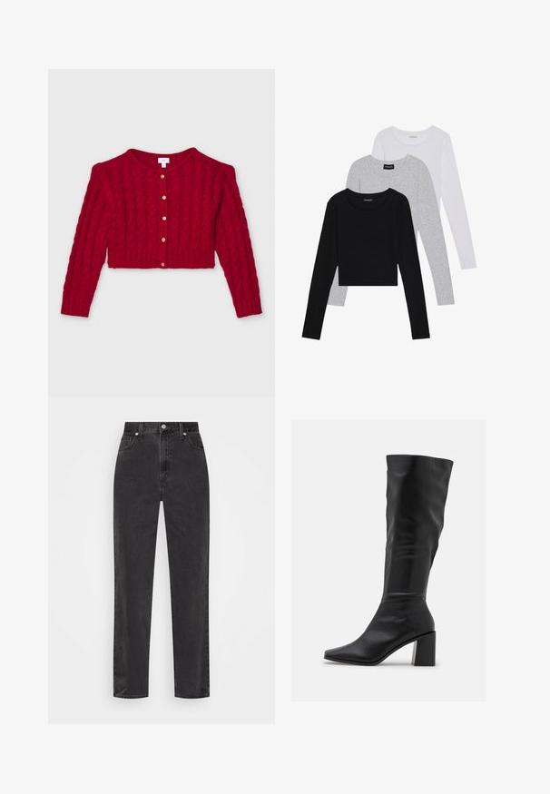 Roter gestrickter Cardigan mit einem verkürzten Design, langen Ärmeln, einem runden Halsauschnitt und goldfarbenen Knöpfen in der Mitte. Strukturiertes Kabelmuster.; Drei langärmelige Oberteile gestapelt: schwarz, grau und weiß. Jedes hat einen runden Halsausschnitt und ein kurzes Design aus glattem, leichtem Stoff.; Schwarze Denim-Jeans mit geradem Bein, hoher Taille, vorderem Knopf und Reißverschluss sowie fünf Taschen auf weißem Hintergrund.; RAID BLICK - Stiefel - black