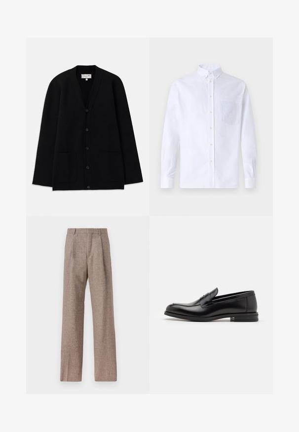 Gilet noir en tissu doux, avec un décolleté en V, une fermeture à boutons et deux poches avant. Silhouette simple et décontractée.; Chemise blanche à manches longues avec boutons en coton, présentant une poche poitrine avec broderie ton sur ton, un col et des poignets boutonnés.; Pantalons marron taille haute en tissu texturé. Présente des jambes larges et deux plis avant pour la structure. Finition soignée sans matériel visible.; Mocassins en cuir noir avec une texture lisse, bout rond et une sangle décorative sur le dessus. Talon bas empilé, design minimaliste.