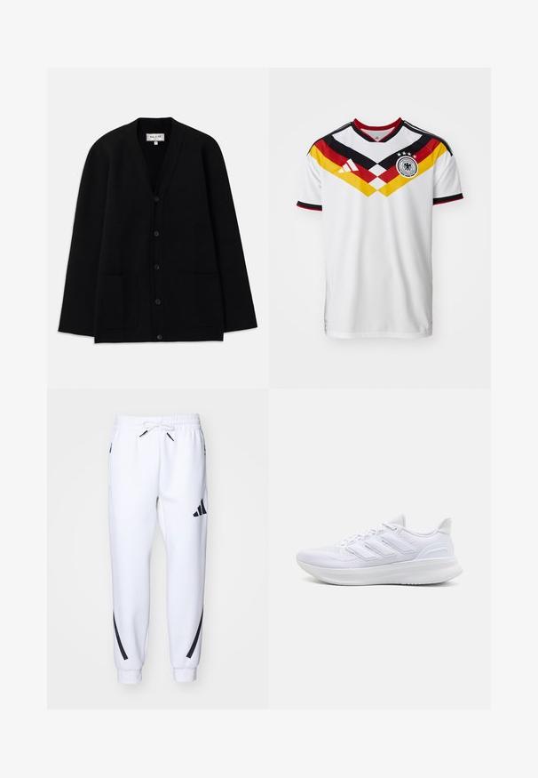 Cardigan nero realizzato in materiale morbido, con scollatura a V, chiusura con bottoni e due tasche frontali. Silhouette semplice e rilassata.; Maglia da calcio bianca con dettagli neri e rossi, caratterizzata da un design diagonale giallo e rosso, tre stelle e il logo Adidas.; Pantaloni da jogging bianchi con dettagli neri, realizzati in tessuto morbido, dotati di vita elasticizzata, chiusura con cordoncino e tasche laterali.; Scarpe sportive bianche con tomaia in mesh texturato, suola ammortizzata e supportiva, e design a tre strisce sul lato.