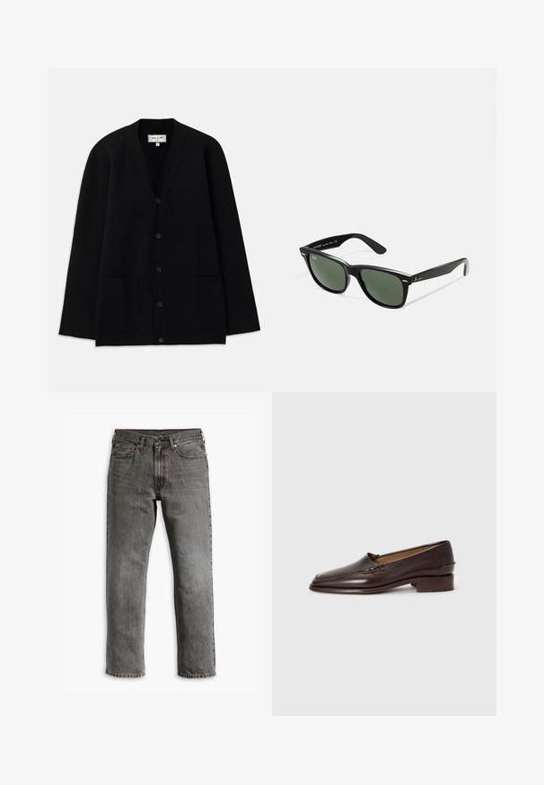 Čierny kardigán vyrobený z mäkkého materiálu, s V-výstrihom, zapínaním na gombíky a dvoma prednými vreckami. Jednoduchý, uvoľnený strih.; Biela dlhá rukávová tričko s okrúhlym výstrihom, vyrobené z jemnej tkaniny, s voľným strihom a bez viditeľných log alebo vzorov.; Šedé denimové džínsy s rovnými nohavicami, päť vreckovým dizajnom a mosadznými kovaniami na zapínanie a akcenty. Viditeľná opotrebovaná textúra.; Hnedé kožené mokasíny s jemne špicatou špičkou, nízkym stohovaným podpätkom a dekoratívnym prešívaním na vrchnáku. Hladká textura, minimalistický dizajn.; Čierne plastové slnečné okuliare so zelenými šošovkami, štvorcové rámy, strieborný akcent na obočí a textúrované ramenné opierky. Brand uvedený na vnútornej strane ramien.