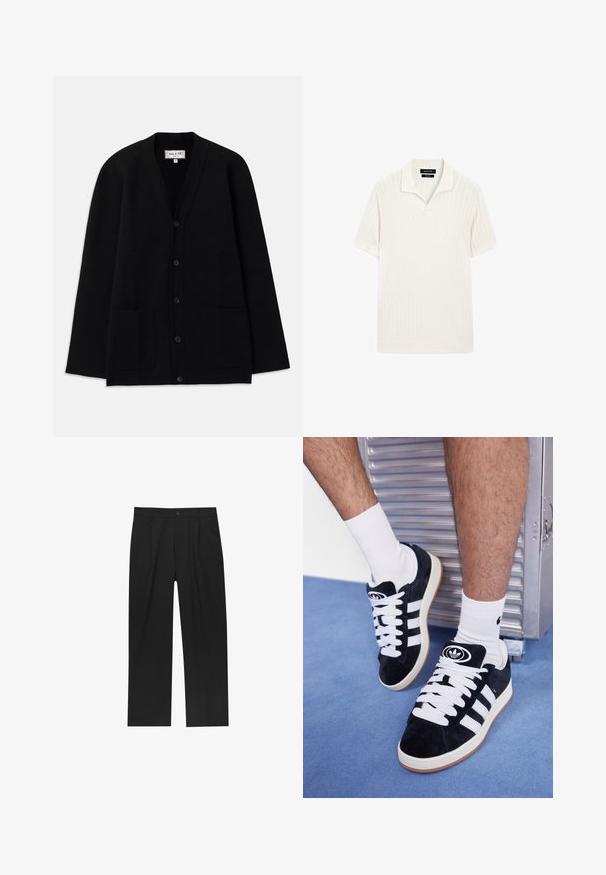 Sort cardigan lavet af blødt materiale, med V-halsudskæring, knaplukning og to forlommer. Enkel, afslappet silhuet.; Kortærmet polo skjorte i cremefarve med ribbet tekstur og flad krave. Har en lige kant og blødt materiale for komfort.; Sorte bukser med lige ben, lavet af et glat stof. Har frontfolder og en enkelt knaplukning i taljen.; Sorte ruskinds sneakers med hvide snørebånd og tre hvide striber. Har et rundt sort logo på tungen og en gummigummisål.
