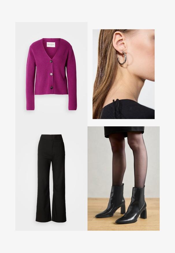 Fialový žebrovaný kardigan s výstřihem do V, dlouhými rukávy a třemi černými knoflíky vpředu. Strukturovaná látka pro dodatečné teplo a detail.; Černý top bez rukávů vyrobený z měkkého, elastického materiálu. Má kulatý výstřih a široké ramenní popruhy, s přiléhavým střihem a hladkou texturou.; Černé kalhoty se širokými nohavicemi, hladkou texturou, vysokým pasem a čistým designem. Bez viditelných kapes nebo ozdob.; Černé kožené kotníkové boty s špičatou špičkou, robustním čtvercovým podpatkem a elegantním designem. Obsahují elastické boční panely pro snadné obouvání.; Stříbrný kruhový náušník s lesklým povrchem, zdobený malými zlatými akcenty, v kulatém tvaru, nošený na lalůčku.