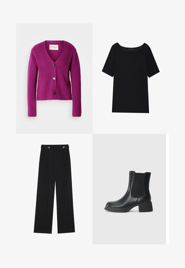 Cardigã roxo canelado com decote em V, mangas longas e três botões pretos na frente. Tecido texturizado para maior conforto e detalhe.; T-shirt preta de mangas curtas com um decote largo. Feita de um tecido leve e suave. Design simples, sem padrões nem detalhes.; Calças largas pretas com cintura alta, detalhes em botão na cintura e pregas frontais.; Bota de tornozelo em couro preto com painéis laterais elásticos, bico arredondado e um pequeno salto bloco. A superfície tem uma textura suave e um detalhamento mínimo.