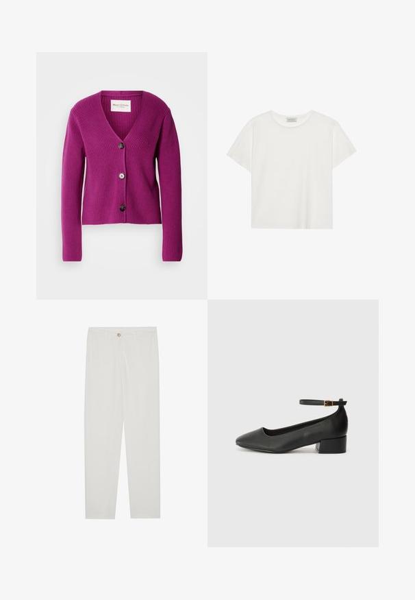 Violet šonkačiuotas kardiganas su V formos iškirpte, ilgomis rankovėmis ir trimis juodais mygtukais priekyje. Tekstūruota medžiaga, skirta pridėti šilumos ir detalumo.; Balta trumpa rankovė T-marškiniai, pagaminti iš minkštos medvilnės. Charakterizuojami apvali kaklo iškirpte ir laisvu siluetu. Švarus dizainas be matomų raštų ar akcentų.; Baltos, pritaikytos kelnės su tiesaus kirpimo dizainu, su sagčių uždarymu, dirželių kilpomis ir šoninėmis kišenėmis; lygus audinio tekstūros.; Juodas odinis aukštakulnis batelis su smailiu pirštu ir žemu bloku. Su kulkšnies dirželiu su auksinės spalvos sagtimi. Lygus paviršius.