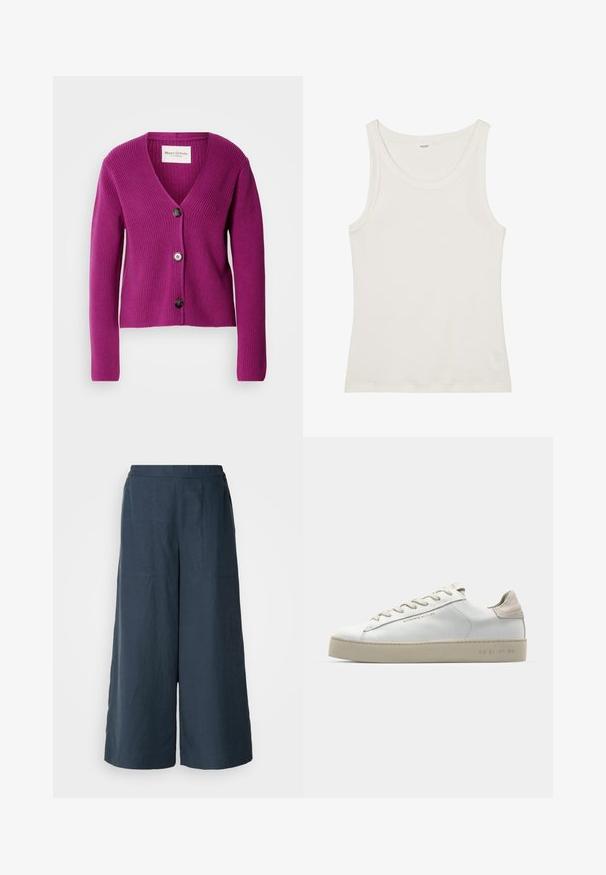 Lila bordázott kardigán V-kivágással, hosszú ujjakkal, a fronton három fekete gombbal. Texturált anyag a melegség és a részletek fokozása érdekében.; Fehér pamut ujjatlan felső széles nyakkivágással és vékony pántokkal. Sima felület, látható minták vagy díszítések nélkül.; Sötétkék, bőszárú nadrág könnyű anyagból. Enyhén texturált felülettel, rugalmas derékkal és elülső varratokkal rendelkezik.; Fehér bőr sportcipő sima felülettel, bézs velúr díszítéssel, kerek orrrésszel, lapos fűzős kivitelben, és mintás gumitalppal.