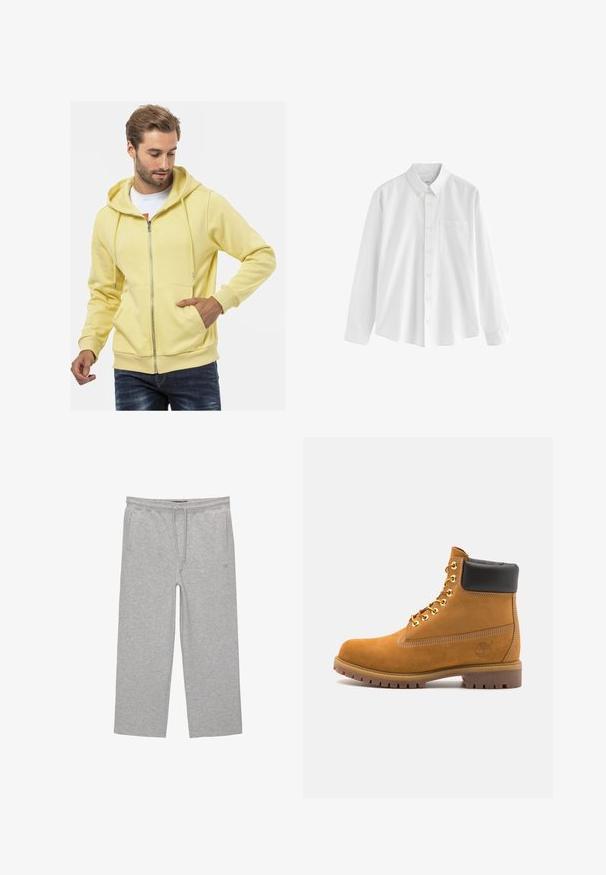 Gelbe Zip-Hoodie aus Baumwollmischung, mit Kordelzugkapuze, Vorderaschen, gerippten Bündchen und weicher Textur.; Weißes Langarmhemd aus Baumwolle mit einem Button-Down-Kragen, einer einzelnen Brusttasche und einer lockeren Passform. Es hat kleine Knöpfe an der Vorderseite.; Graue Baumwoll-Loungehosen mit elastischem Bund, Kordelzug und zwei seitlichen Taschen; gerader Schnitt, weiche Textur, ohne Muster.; Beige Wildleder-Ankle-Boot mit schwarzem gepolstertem Kragen, goldenen Metallösen, weißen Nähdetalben und einer robusten Gummisohle mit ausgeprägtem Profil.