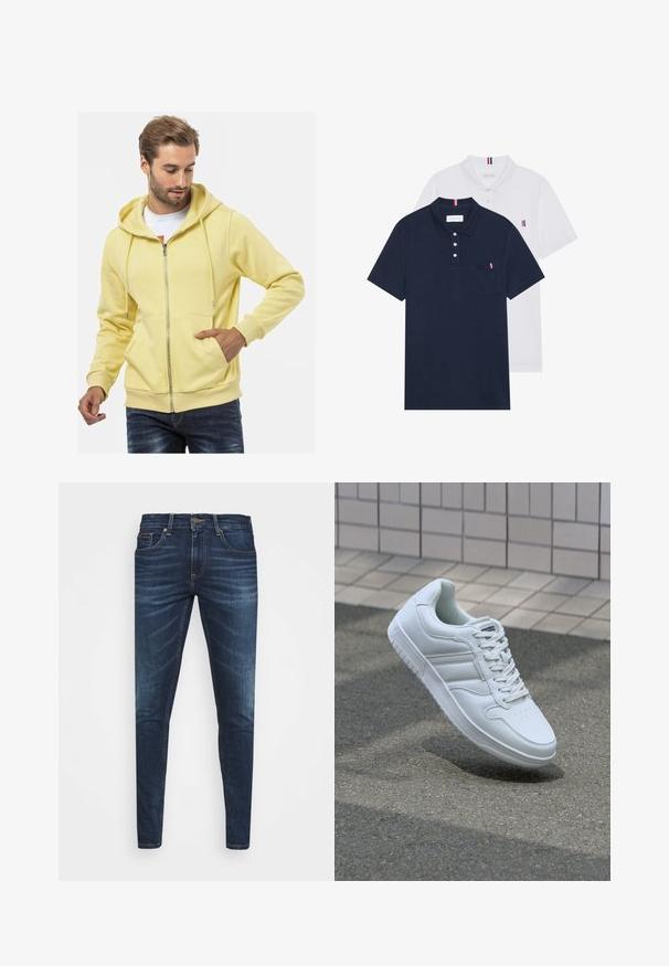 Yellow zip-up hoodie made of cotton blend, featuring a drawstring hood, front pockets, ribbed cuffs, and a soft texture.; Two polo shirts: one navy blue and one white, both with a small red, white, and blue accent on the chest pocket and collar.; Dark blue denim jeans with a slim fit, subtle fade, five pockets, and a metal button closure. Stitched accents in contrasting color.; White athletic sneaker with smooth leather upper, lace-up front, perforated toe, and patterned sole. Minimalist design with three side stripes.