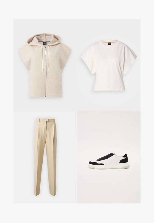 Haut sans manches beige zippé avec une doublure de capuche à motif, cordons de serrage et un petit logo sur la poitrine ; matière douce et texturée.; T-shirt blanc cintré, manches courtes et larges, en coton doux, décolleté rond avec une discrète bordure orange, design minimaliste, sans motifs ni graphiques.; Pantalons beiges ajustés avec une coupe droite, dotés de plis, d'une ceinture et d'une texture lisse. Pas de poches visibles ni d'ornements.; Baskets avec une tige en cuir blanc, des accents en daim noir et une semelle en caoutchouc texturé. Dotées d'un système de laçage et de détails cousus.