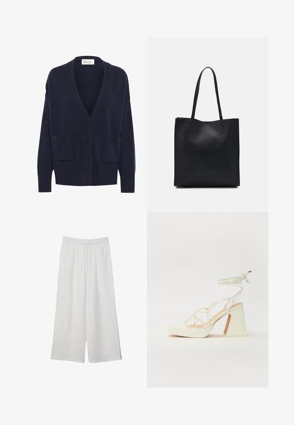 Merinovärinen neulecardigan, jossa on V-kaula-aukko, pitkät hihat, kaksi etutaskua ja viisi mustaa nappia. Estradoitua kangasta ja ribbausia.; Valkoinen lyhythihainen T-paita, joka on tehty puuvillasta. Siinä on pyöreä kaula-aukko ja rento malli. Silkkinen pinta ilman näkyviä kuvioita tai koristeita.; Valkoiset leveälahkeiset housut, jotka on valmistettu kevyestä kankaasta. Niissä on joustava vyötärö ja nauha säädettävää istuvuutta varten. Sileä pinta.; Valkoinen korkokenkä, jossa on paksu korko, ja joka sisältää nauhakiinnityksen ja nilkkaketjun. Sujuva pinta, jossa on platform-etupohja lisäkorkeutta varten.; Mustapahkainen kangaskassi, jossa on sileä pinta, suorakaiteen muotoinen ja kaksi pitkää kahvaa. Ei näkyvää metalliosaa tai koristeita.