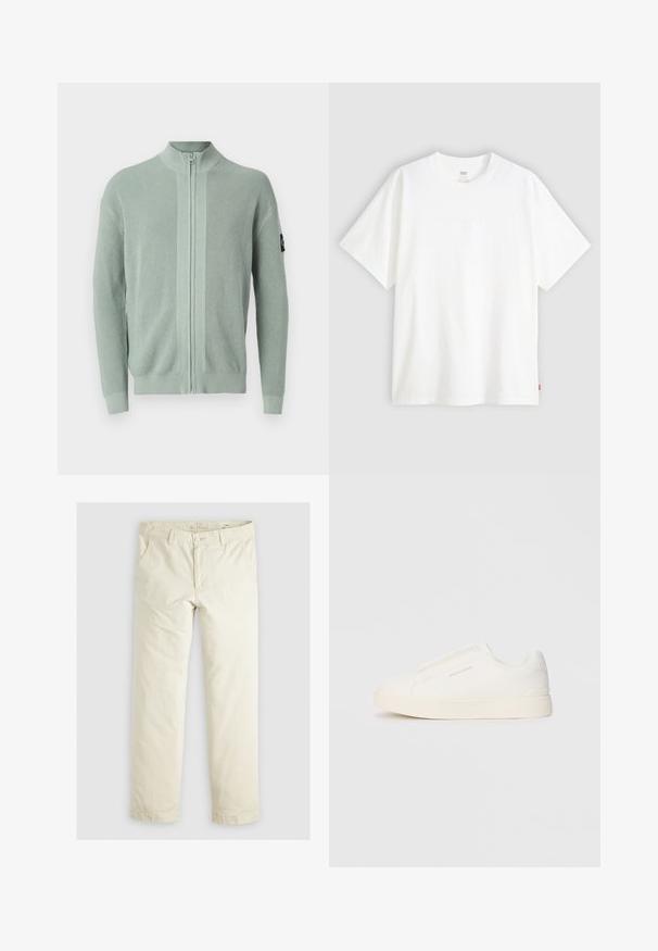 Calvin Klein Jeans CORE BADGE ZIP THROUGH - Strickjacke - slate gray; Weißes T-Shirt mit kurzen Ärmeln aus Baumwolle und rundem Halsausschnitt. Besitzt ein dezentes, geprägtes Logo-Detail auf der Vorderseite und ein rotes Etikett am Saum.; Helle beigefarbene, lässig geschnittene Hose mit drei Taschen, Gürtelschlaufen und geradem Bein. Hergestellt aus einem weichen Baumwoll-Mix.; Weiße Slip-On-Sneaker mit einer strukturierten Oberfläche, dicker Sohle und minimalistischem Design. Mit Logo der Marke an der Seite.