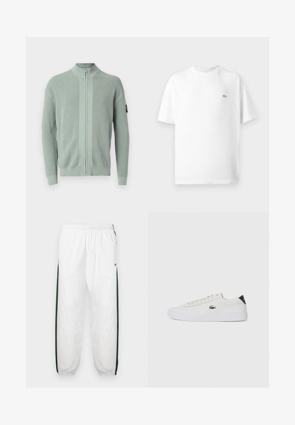 Calvin Klein Jeans CORE BADGE ZIP THROUGH - Cardigan - slate gray; White cotton t-shirt with a round neck and short sleeves. Features a small black lacoste logo on the left side of the chest.; White track pants with dark green side panels. Lightweight material, elastic waistband, and cuffed hems. Features mesh texture on side panels.; White leather sneaker with round toe, lace-up front, and black heel accent. Features a small embroidered crocodile logo on the side.