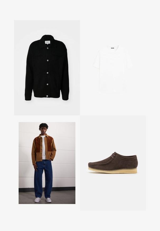 Schwarze Strickjacke mit Kragen, vorderen Knöpfen, zwei Taschen, gerippten Bündchen und Saum. Gewebter Stoff mit lockerer Passform.; Weißes Baumwoll-T-Shirt mit kurzen Ärmeln, rundem Ausschnitt und geradem Schnitt. Glatte Textur ohne sichtbare Muster oder Akzente.; Mann steht drinnen und trägt eine braune Cordjacke mit Rostflecken, ein weißes T-Shirt, lockere blaue Jeans und weiße Sneakers.; Braune Wildlederschuhe mit glatter Oberfläche, runder Zehenform und minimalistischem Design. Verfügt über eine hellfarbene Gummisohle und kontrastierende Schnürdetails.