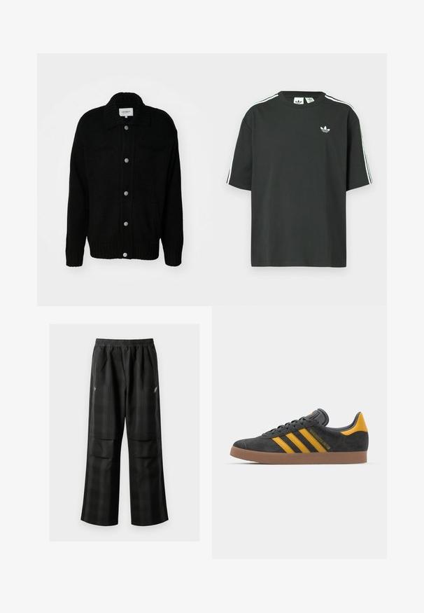 Black knitted cardigan with a collar, front buttons, two pockets, ribbed cuffs, and hem. Textured fabric with a loose fit.; Black cotton t-shirt with short sleeves, crew neckline, and white three-stripe detailing on shoulders. Features a small white logo on chest.; Black plaid pants featuring an elastic waistband, two front pockets, and a loose fit with a straight leg design. Made from lightweight material.; Black suede sneaker with yellow accents, featuring three stripes and a brown rubber sole. Includes a padded tongue for comfort.