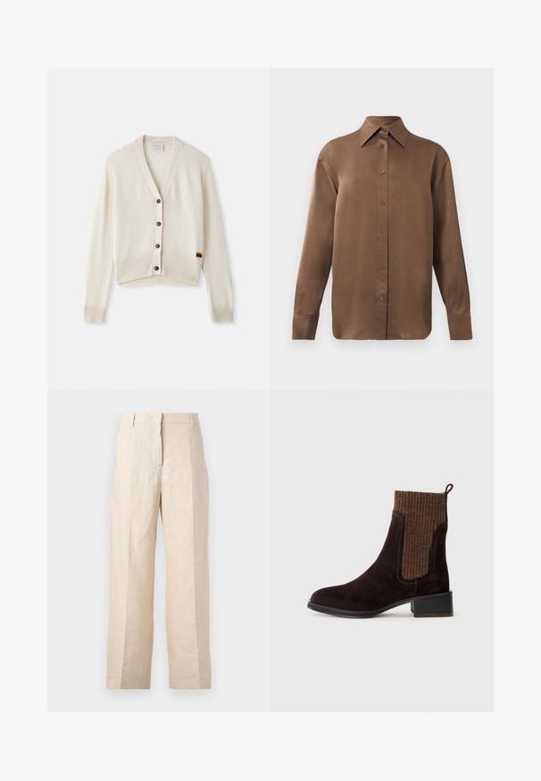 Cream-colored cardigan with a V-neck, ribbed cuffs, and hem. Features five dark buttons and a small rainbow stripe detail on the hem.; Brown long-sleeve button-up shirt with pointed collar and cuffs, displayed against a plain white background.; Beige linen trousers with a loose fit, pleated front, and straight legs. Features a waistband with belt loops and no visible pockets.; Brown suede ankle boot with a textured brown ribbed knit upper, smooth finish, low block heel, and pull tab at the heel for ease of wear.