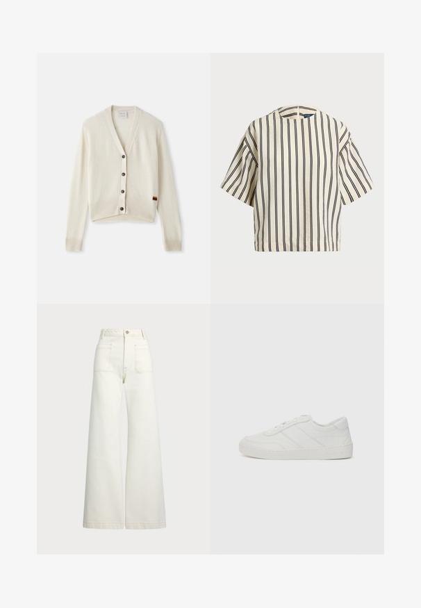 Kremna cardigan s V-izrezom, rebrastimi manžetami in robom. Ima pet temnih gumbov in majhen detajl mavrične črte na robu.; Kratek rokav, prugast top v kremni in mornarsko modri barvi, z okroglim izrezom in kvadratnim dizajnom ter teksturirano tkanino.; Široke jeans hlače v off-white denim tkanini. Visok pas z gumbnim zapiranjem, dvema sprednjima žepoma in detajli kontrastnega šivanja.; Bele tenisice iz usnje z ravnimi vezalkami, okroglim nosom in subtilnimi šivanimi detajli. Imajo teksturiran podplat in utisnjen logotip blagovne znamke na peti.