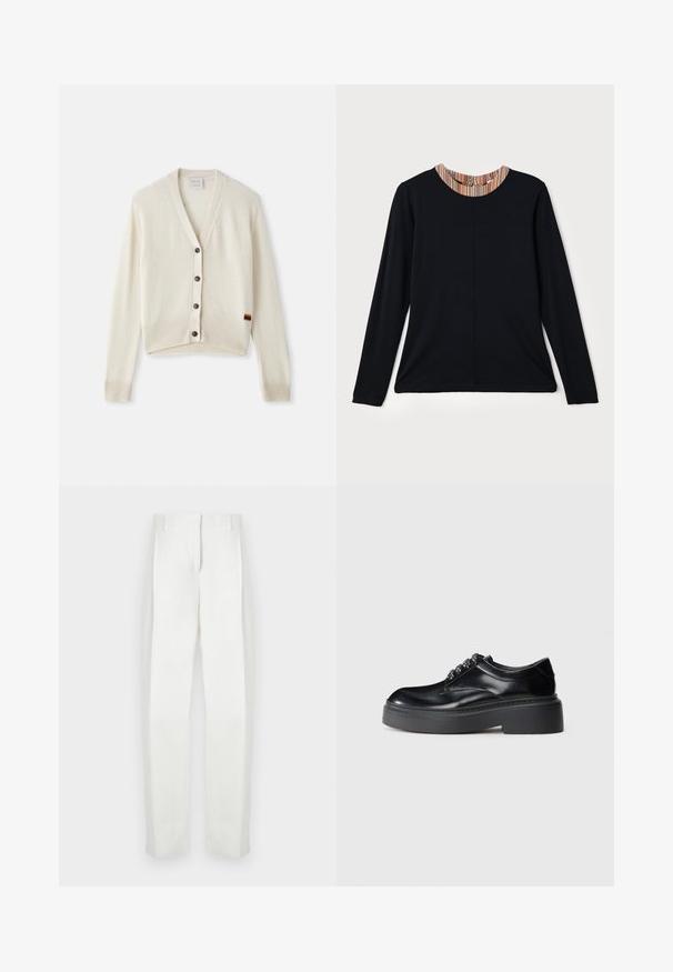 Cream-colored cardigan with a V-neck, ribbed cuffs, and hem. Features five dark buttons and a small rainbow stripe detail on the hem.; Black long-sleeve top with a round neckline featuring a multicolored striped accent at the collar. Smooth fabric with a relaxed fit.; Paul Smith Trousers - white; Black leather shoes with a rounded toe, thick platform sole, and decorative lace detailing. Smooth texture and contrast stitching visible.