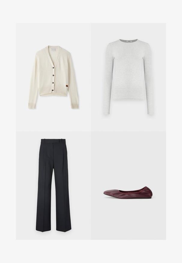 Cremfarbener Cardigan mit V-Ausschnitt, gerippten Bündchen und Saum. Verfügt über fünf dunkle Knöpfe und ein kleines Regenbogenstreifendetail am Saum.; Langärmliges graues geripptes Strickoberteil, runder Halsausschnitt, figurbetonte Silhouette, glatte Textur, ohne sichtbare Logos oder Verzierungen.; Dunkelblaue Nadelstreifenhosen mit hoher Taille, weit geschnittenem Bein und ohne sichtbare Beschläge oder Verzierungen. Glatte Textur und taillierte Passform.; Ballerinas aus tiefburgunderfarbenem Leder mit runder Zehenform, elastischem Rand und glatter Textur sowie subtilen Faltendetails.