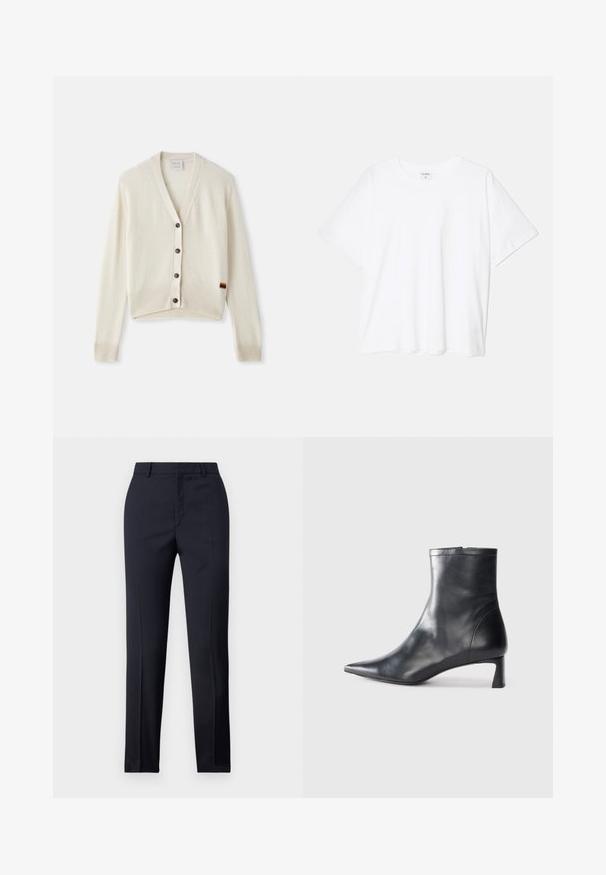 Cremefarvet cardigan med V-udskæring, ribbede manchetter og kant. Har fem mørke knapper og en lille regnbue-stribe detaljeret på kanten.; Hvid bomulds-t-shirt med korte ærmer, rund halsudskæring, afslappet pasform og stitched søm. Mærket er synligt indeni halsen.; Marineblå skræddersyede bukser med lige snit, der har en glat tekstur, to frontlommer og en ren talje.; Sort læder ankelstøvle med spids tå og et strømlinet design. Har en lav hæl og en lynlås lukning bagpå. Glat tekstur.
