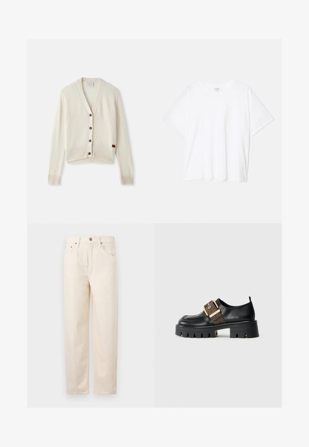 Krems krāsas kardigāns ar V-veida kakla izgriezumu, ribotām aprocēm un apakšmali. Satur piecas tumšas pogas un nelielu varavīksnes svītru detaļu uz apakšmales.; Balta kokvilnas T-krekls ar īsām piedurknēm, apaļu dekoltē, brīva piegriezuma un šūtu apakšmalu. Etiķete redzama iekšējā kakla daļā.; Beige augstās jostasvietas džinsi, kas izgatavoti no kokvilnas. Iekļauj piecas kabatas, pogu un rāvējslēdzēja aizdari, taisnas kājas un smalkas šuves detaļas.; Melnas ādas kurpes ar masīvu zoli, ar zelta sprādzi un teksturētu brūnu akcentu. Apaļa purngala forma un minimālistisks dizains.