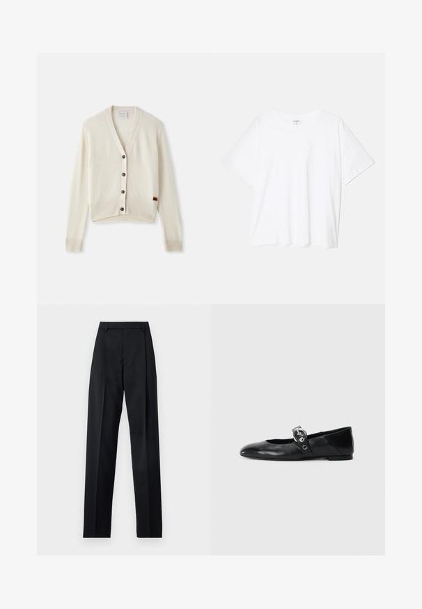 Cardigan couleur crème avec un col en V, des poignets et un ourlet côtelés. Comprend cinq boutons sombres et un petit détail de rayure arc-en-ciel sur l'ourlet.; T-shirt en coton blanc avec des manches courtes, un col rond, une coupe décontractée et un ourlet cousu. Étiquette visible à l'intérieur du col.; Pantalon noir en tissu lisse avec taille haute, jambes larges, plis à l'avant et passants de ceinture classiques. Pas de poches latérales visibles.; Ballerines en cuir noir avec un bout pointu, dotées d'une sangle avec une boucle métallique circulaire et d'une semelle plate.