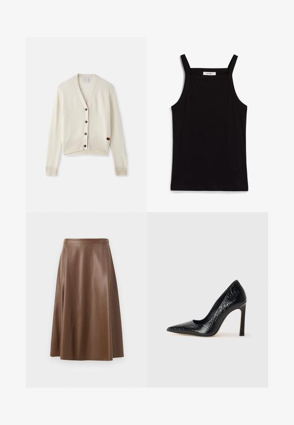 Cardigan color crema con scollatura a V, polsini e orlo a coste. Presenta cinque bottoni scuri e un piccolo dettaglio a strisce arcobaleno sull'orlo.; Canotta nera con spalline sottili, realizzata in un tessuto a coste, caratterizzata da un taglio dritto e un'etichetta sul collo che recita "IVY OAK."; Gonna A-line in pelle marrone con una texture liscia e un orlo di lunghezza media. Presenta una vita aderente e una leggera svasatura dai fianchi.; Scarpa nera con punta a punta alta in pelle di coccodrillo, caratterizzata da un design elegante, alto tacco a spillo e interno nero liscio.