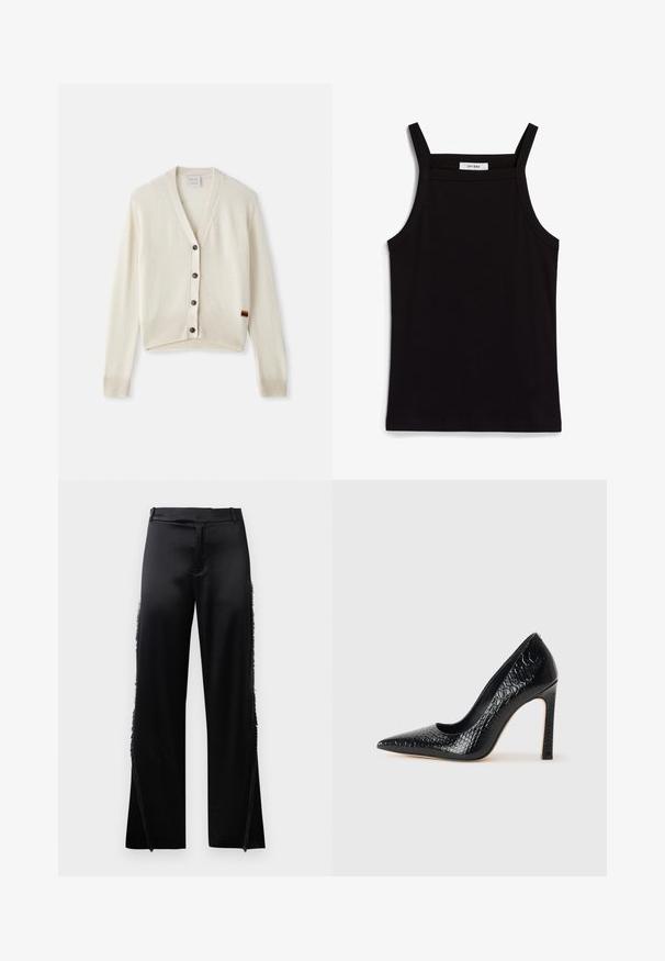 Cardigan couleur crème avec un col en V, des poignets et un ourlet côtelés. Comprend cinq boutons sombres et un petit détail de rayure arc-en-ciel sur l'ourlet.; Débardeur noir à fines bretelles, en tissu côtelé, avec une coupe droite et une étiquette au niveau du col indiquant "IVY OAK."; Pantalons en satin noir à jambes larges, avec des détails en franges le long des coutures latérales et une taille plate à l'avant. Dos uni sans poches.; Escarpin noir à bout pointu avec texture en cuir de crocodile, présentant un design élégant, un haut talon aiguille et un intérieur noir lisse.