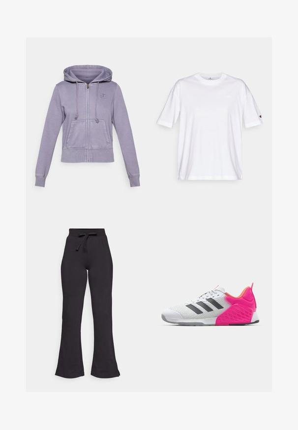 Ljubičasti zip-up dukserica s kapuljačom na vezanje, prednjim džepovima i rebrastim manžetama. Ima ušiveni logo na prsima. Mekan materijal s ležernim krojem.; Bijela pamučna majica s okruglim izrezom, kratkim rukavima i malim logom na lijevoj strani prsa. Ima opušteni kroj i jednobojna je.; Crne široke trenirke od mekog materijala, s elastičnom trakom za vezanje u struku i glatkom teksturom. Dizajnirane za udobnost i lakoću nošenja.; Bijela atletska tenisica siva pruga, mrežasta gornjište i ružičasta peta i akcenti. Ima teksturiranu petu i gumeni potplat. vezice i podstavljeni ovratnik.