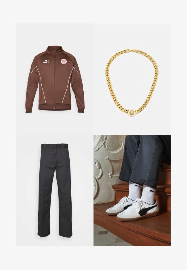 Bruine zip-up jas van gladde stof. Bevat witte accentlijnen, een staande kraag en logo's van KING en FC St. Pauli.; Drie witte geribde tanktops van katoen. Kenmerken zijn een ronde hals en kleine zwarte labels nabij de zoom. Verkrijgbaar in meerdere maten.; Zwarte broek van duurzaam materiaal, met een rechte pijpdesign, een tailleband met riemlussen en naden voor extra textuur.; Puma sneakers in wit en zwart suède, met een bruine rubberen zool. Gecombineerd met witte sokken met een zwart logo, gedragen met donkere broek.; Gouden ketting met grote onderling verbonden schakels, met een ronde hanger in het midden met een verhoogd embleem.