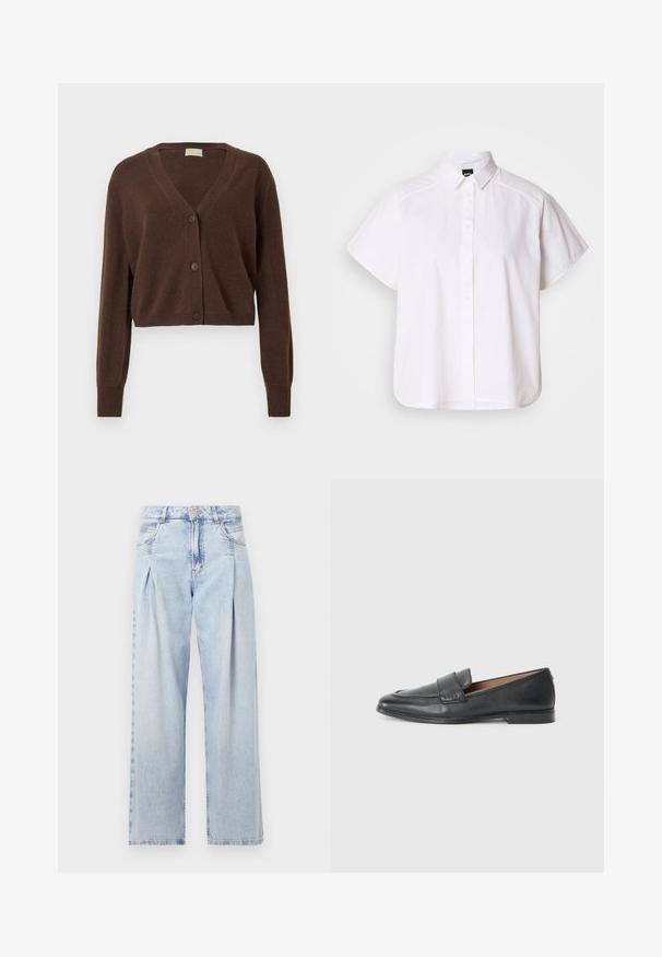 Brown, cropped cardigan with a v-neck, long sleeves, and three buttons at the front. Soft texture and ribbed cuffs.; White short-sleeve button-up shirt with a pointed collar and curved hem. Made from cotton with a smooth texture and no visible patterns.; Light blue denim jeans with a high waist, wide-leg cut, two side pockets, and pleated design feature. Soft texture with a faded finish.; Black leather loafers featuring a smooth texture, a slight shine, a rounded toe, and a small decorative stitch along the front.