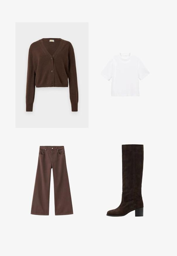 Bruine, korte cardigan met een V-hals, lange mouwen en drie knopen aan de voorkant. Zachte textuur en ribbelmanchetten.; Witte katoenen t-shirt met korte mouwen en een ronde hals. Eenvoudig ontwerp, losse pasvorm, gladde textuur. Geen patronen of accenten zichtbaar.; Bruine wijde spijkerbroek van denim. Heeft vijf zakken, een ritssluiting en metalen klinknagels. Gladde textuur en klassiek ontwerp.; Bruine suède kniehoog laars met een vierkante neus en blokhak. Gladde textuur en minimale stikdetails aan de buitenkant.