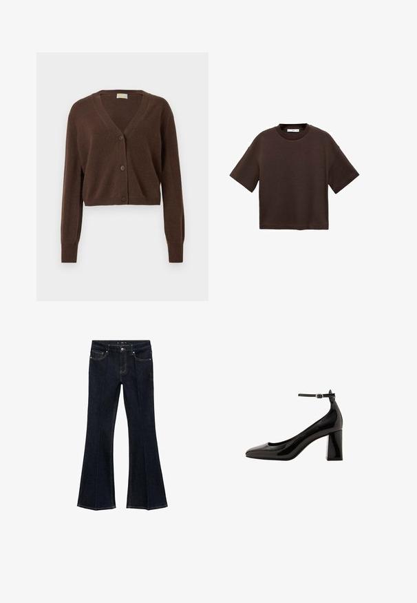 Bruine, korte cardigan met een V-hals, lange mouwen en drie knopen aan de voorkant. Zachte textuur en ribbelmanchetten.; Bruine T-shirt met korte mouwen, gemaakt van zachte katoen. Heeft een ronde halslijn en een recht model, met een gladde textuur en geen zichtbare patronen.; Donkerblauwe denim jeans met hoge taille, voorzakken en wijd uitlopende pijpen, plat weergegeven op een witte achtergrond.; Zwarte lakleren enkelschoenen met een glanzende afwerking, spitse neus en een dikke blokhak. Vetruige textuur, minimale detaillering.